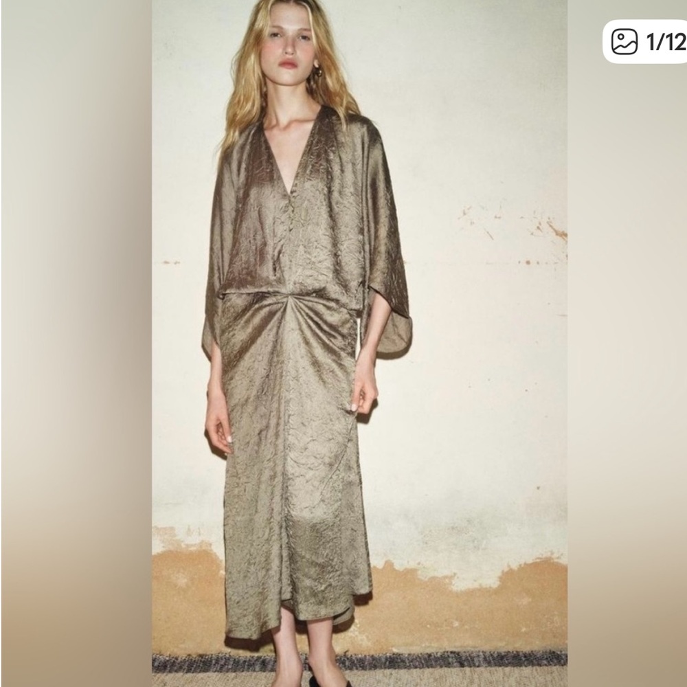 Zara Olive Crinkle Midi Dress